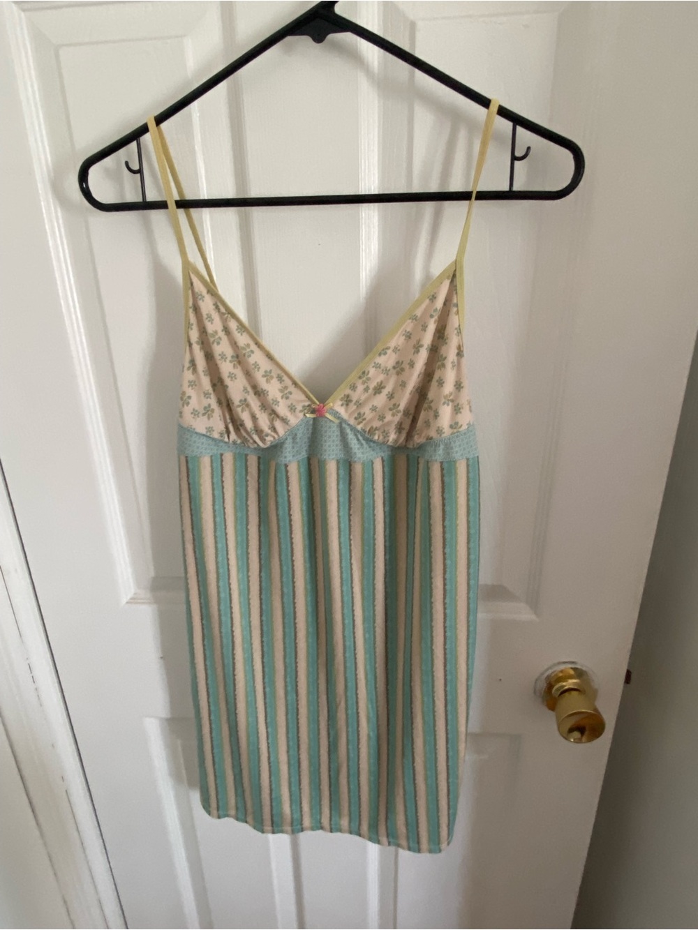 DKNY Striped Satin Chemise in Mint, Cream & Pale Yellow